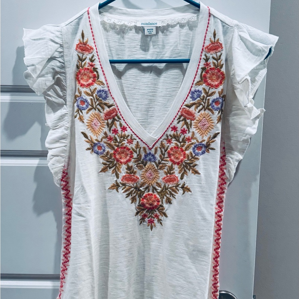 Sundance Women’s Lakelynn Floral White Blouse with Colorful Embroidery